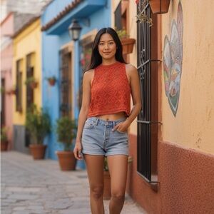 Crochet Lace Sleeveless Tank - Rust Orange